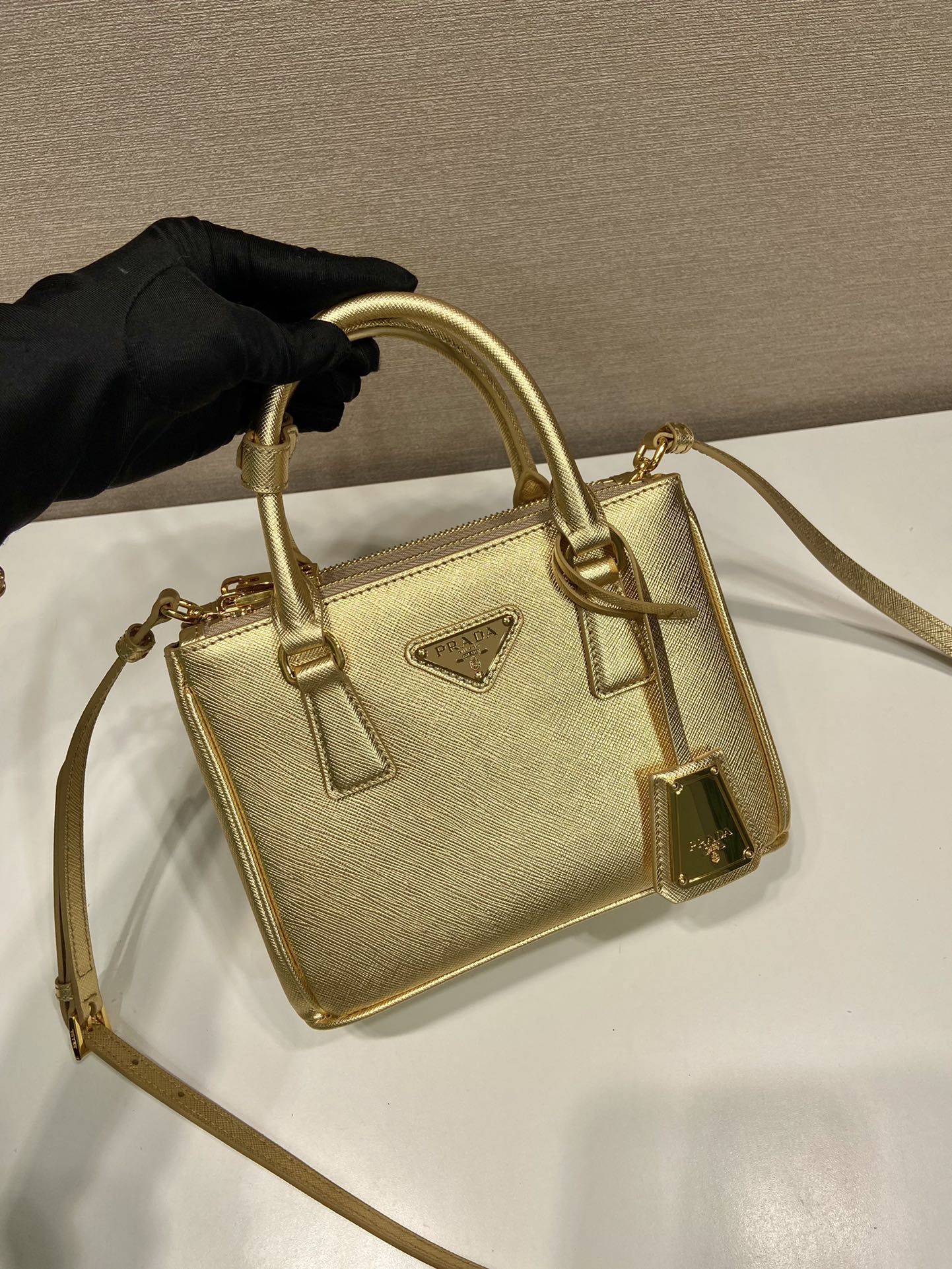 Prada Mini Galleria Saffiano Leather Bag Tote Shoulder Bag Gold 1BA906